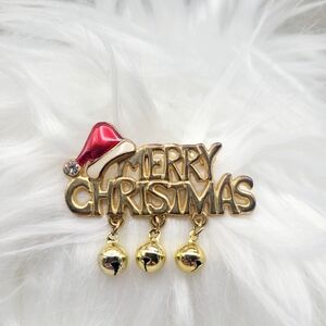 Vintage Merry Christmas Brooch with Red Santa Hat & Bells